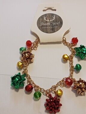 NWT Christmas Charm Bracelet, Bows And Balls By Crafts N Clutter, Size 7